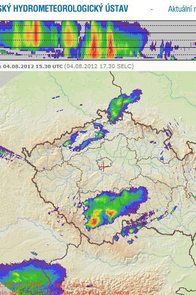 Radarový snímek supercely blížící se na Vlkov a Val